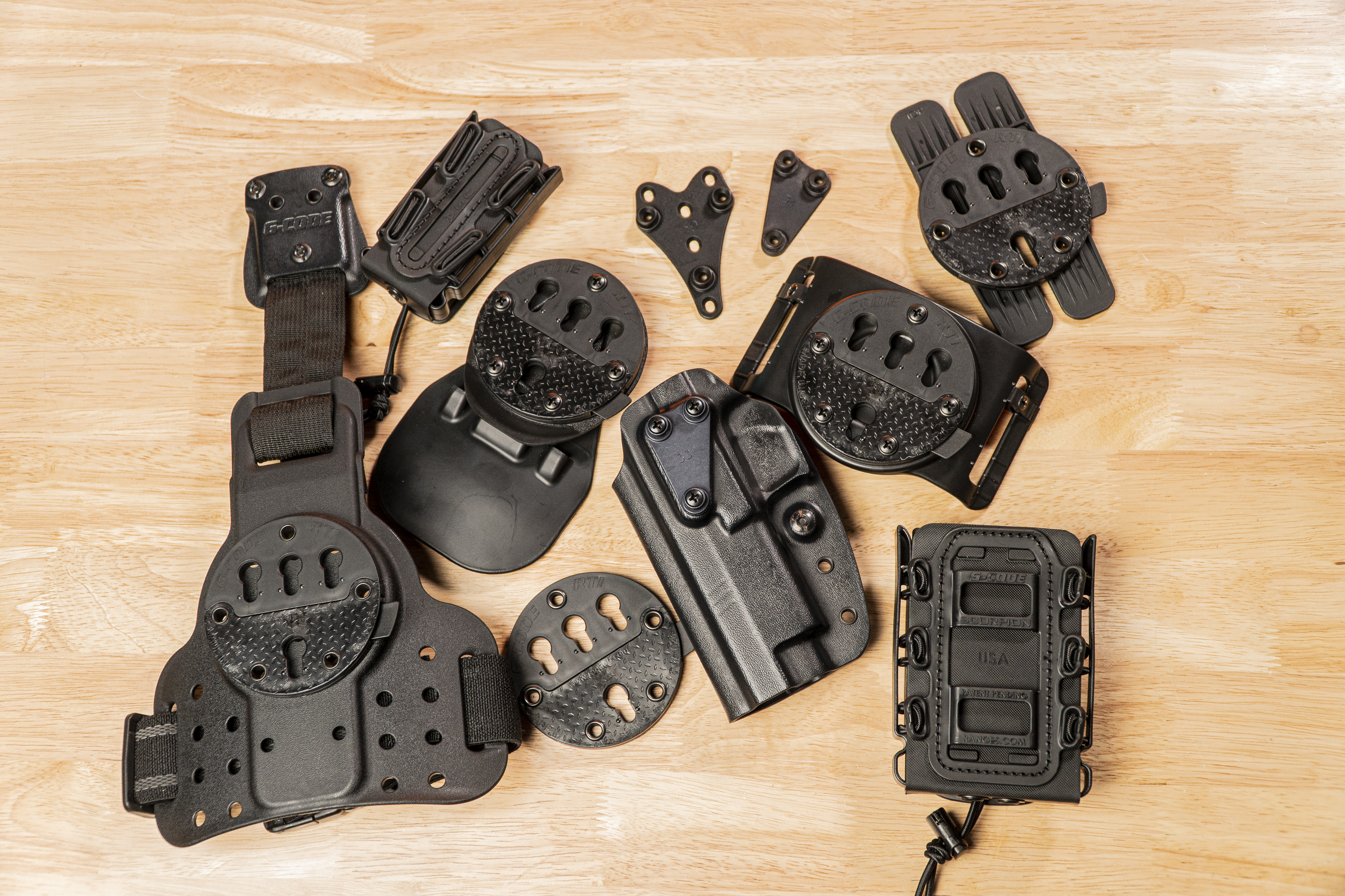 G-Code assorted mounts and hangers, drop leg holster, belt mount, paddle mount, molle mount